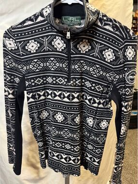 249 Ralph Lauren L-RL Active Black and White Patterned Cotton Pullover Sweater M